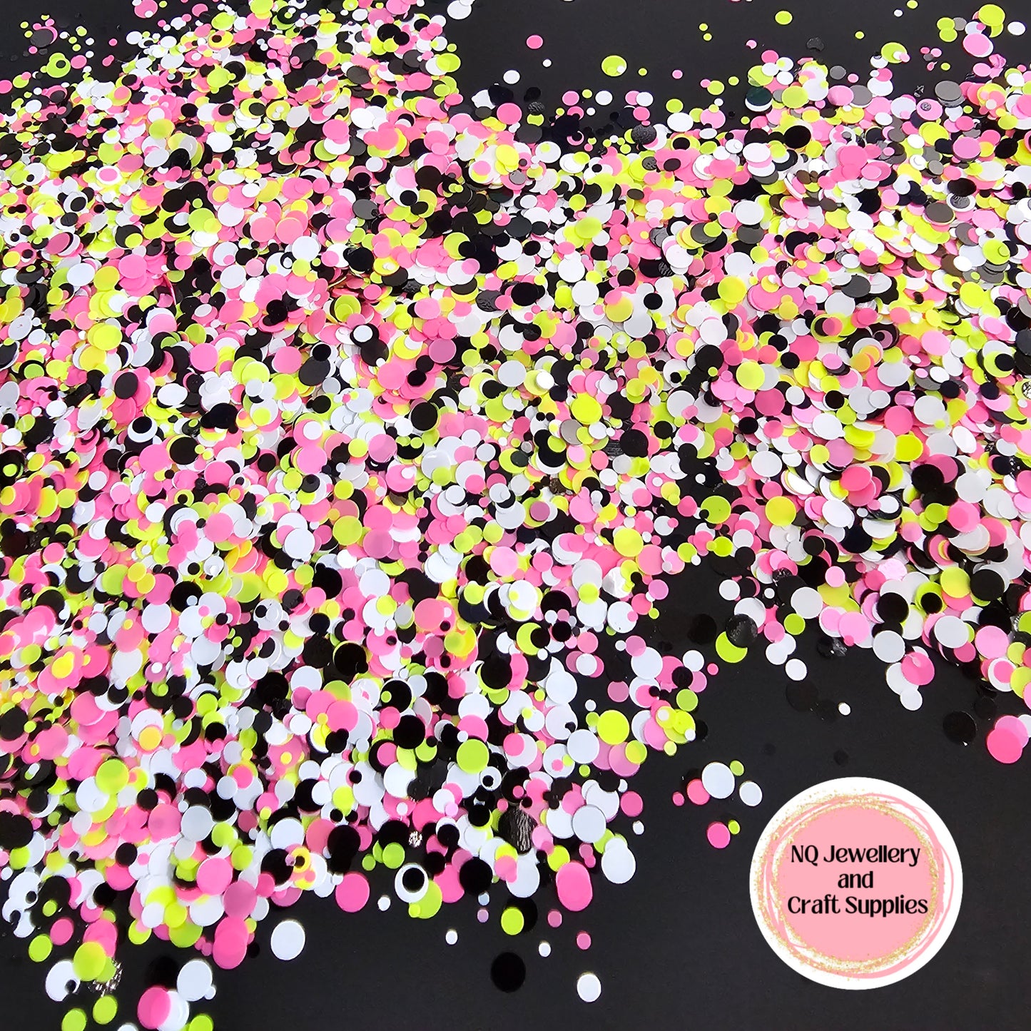 Neon Rave Dot Glitter / Hot Pink Fluro Yellow, Black & White Dots / 20g 56g Bag