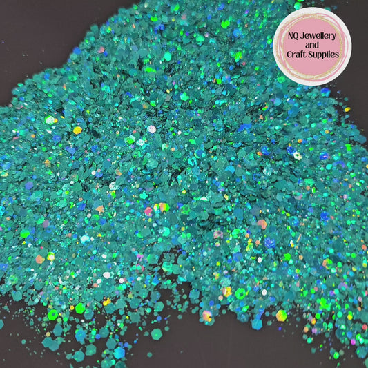 Peacock Feathers Teal Holographic Glitter / Chunky Mixed Sized - 20g 50g Bags