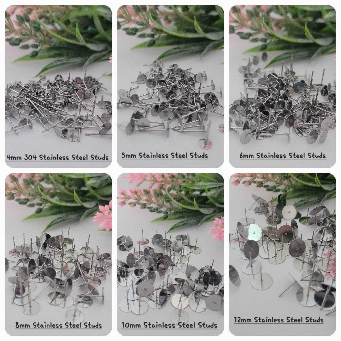 Earring Stud Posts Flat Pad / 304 Stainless Steel Hypoallergenic / 3mm 4mm 5mm 6mm 8mm 10mm 12mm