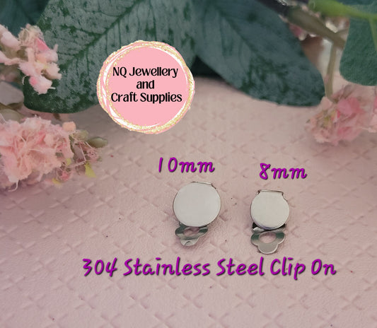 CLIP ON Flat Pad Earrings 8mm & 10mm 316 Stainless Steel / Transparent Plastic 3mm & 5mm