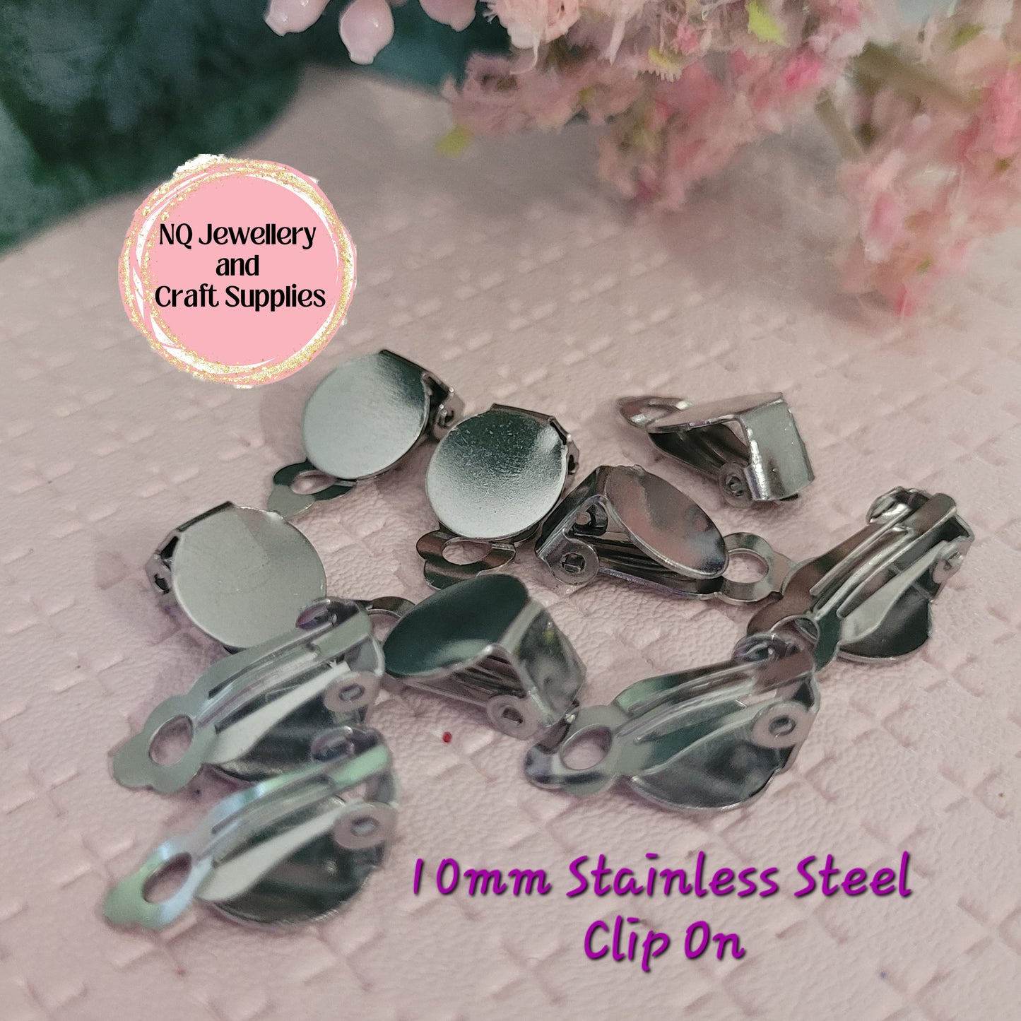 CLIP ON Flat Pad Earrings 8mm & 10mm 316 Stainless Steel / Transparent Plastic 3mm & 5mm