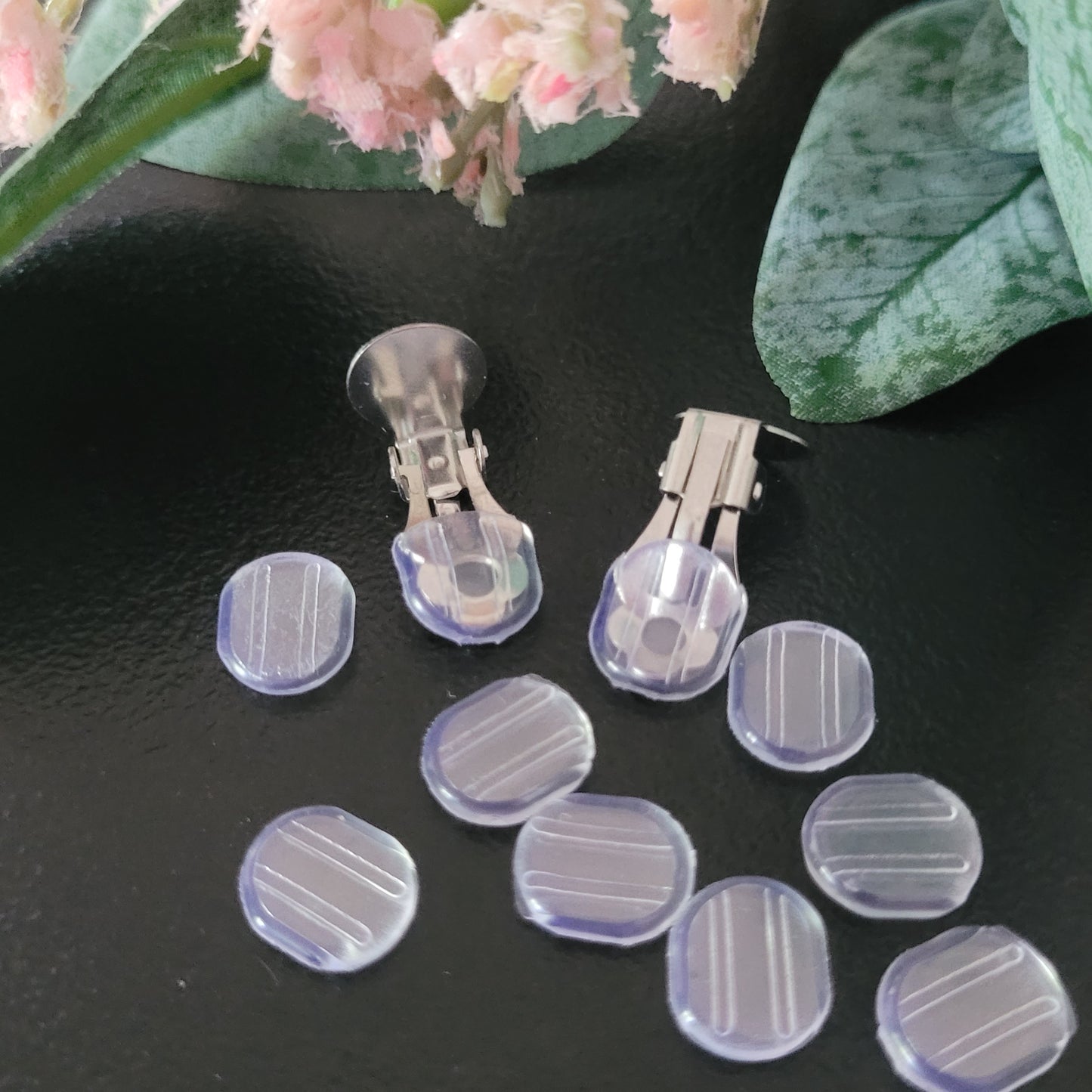 CLIP ON Flat Pad Earrings 8mm & 10mm 316 Stainless Steel / Transparent Plastic 3mm & 5mm