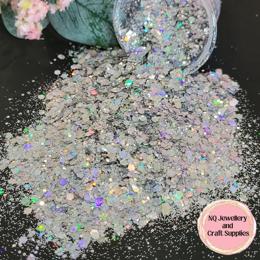 SILVER Holographic Glitter / Silver Shark / Mixed Sized - 20g 50g Bags