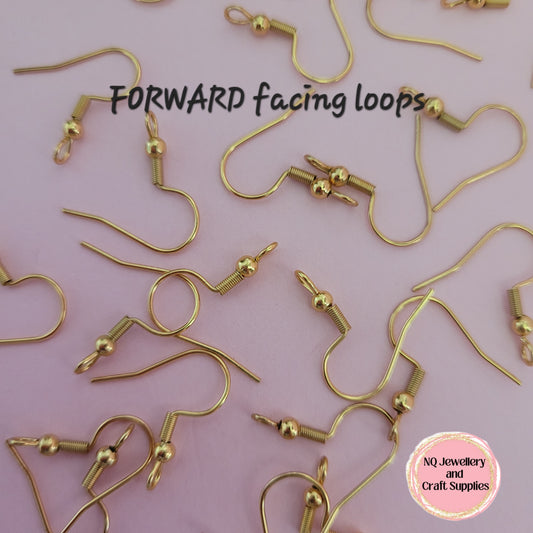 GOLD PLATED STAINLESS STEEL / FORWARD / FRONTWARD / PERPENDICULAR / CROSS facing loop Shepherd / French Hook with BALL & COIL