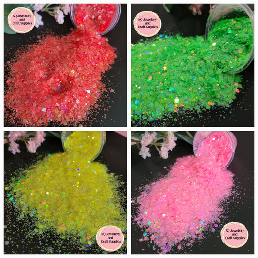 Neon Holographic Glitters 50% OFF / Pink Yellow Green & Coral Red / Mixed Sized Glitter  - 20g 50g Bags SALE