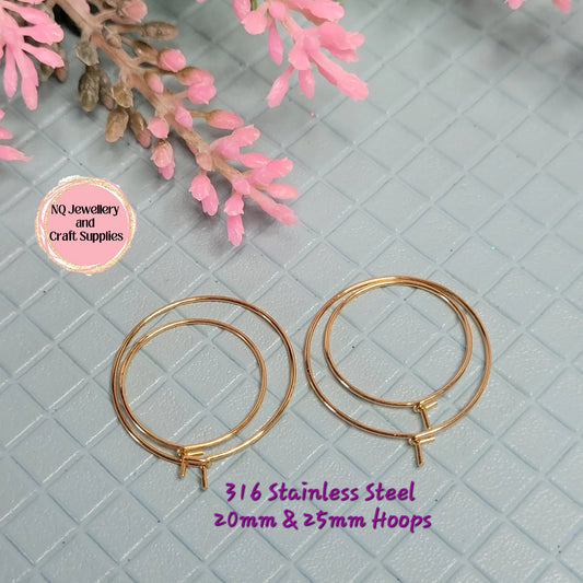 Gold Hoop Earrings 316 Surgical Stainless Steel 15mm 20mm & 25mm (Hook Closure)